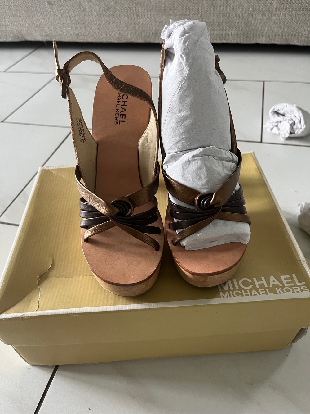 Michael Kors Bronze and Dark Brown Strappy Wedge Sandals